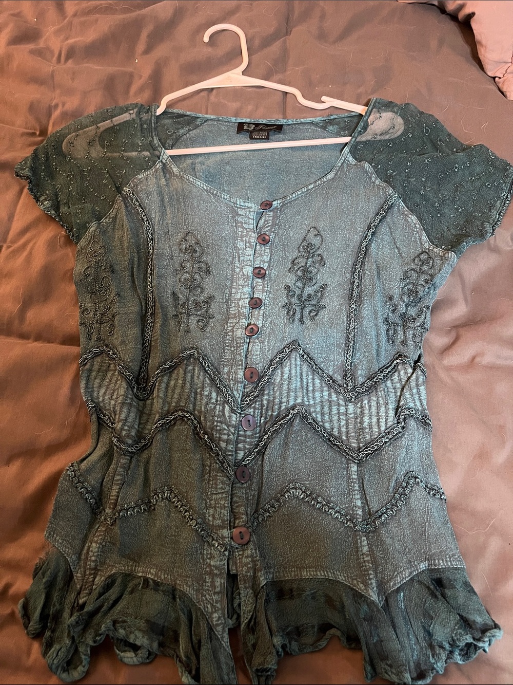 Women's Teal Embroidered Button-Front Peplum Blouse